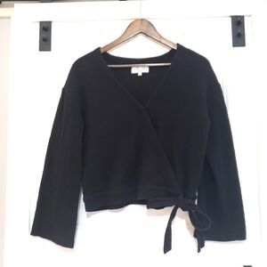 Madewell Textured Womens S Faux Wrap Crop Bell Sleeve Knit Top Black V Neck